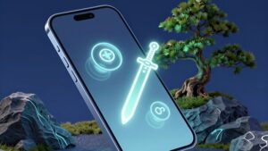 Футуристичный смартфон с неоновыми иконками над каменным садом для кастомизации Android в стиле Zen-Gaming 2026